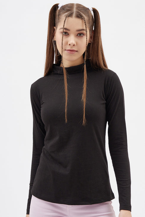 Women Black Highneck Full sleeves T-shirt